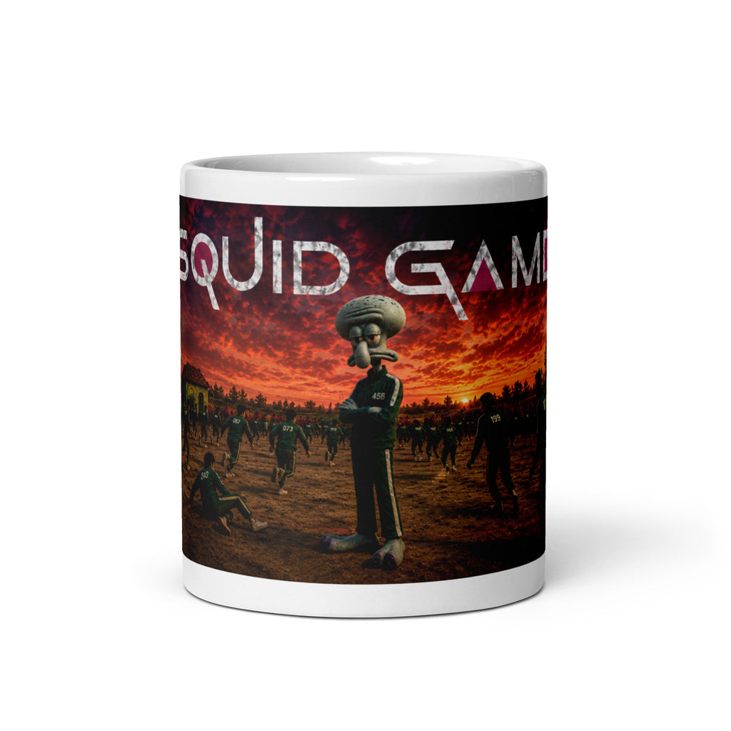 Mug with 'Squid Game' design featuring squidward character and sunset scene.