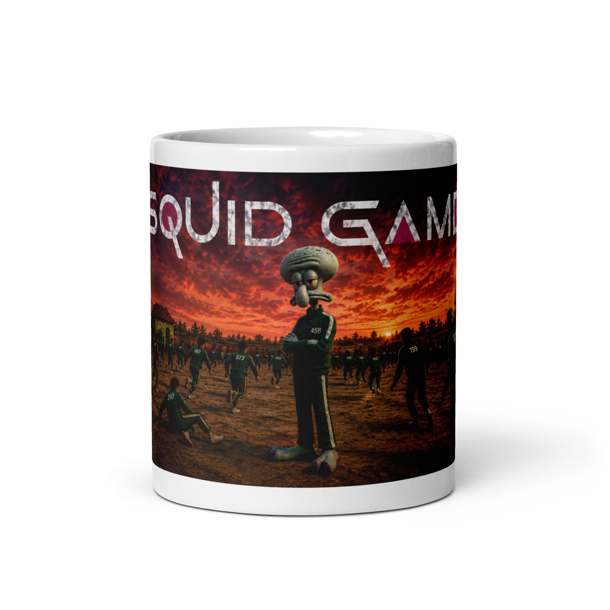 Mug with 'Squid Game' design featuring squidward character and sunset scene.