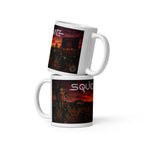 Two white mugs with 'Squid game' graphic design on a white background