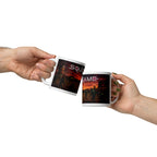 Two hands holding mugs with 'Squid Game' design on a white background