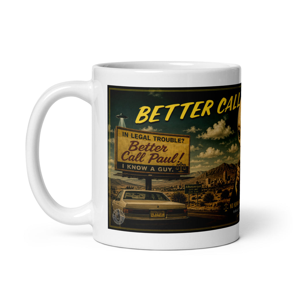 White mug with 'Better Call Saul' themed design featuring a car and text on a white background
