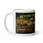 White mug with 'Better Call Saul' themed design featuring a car and text on a white background