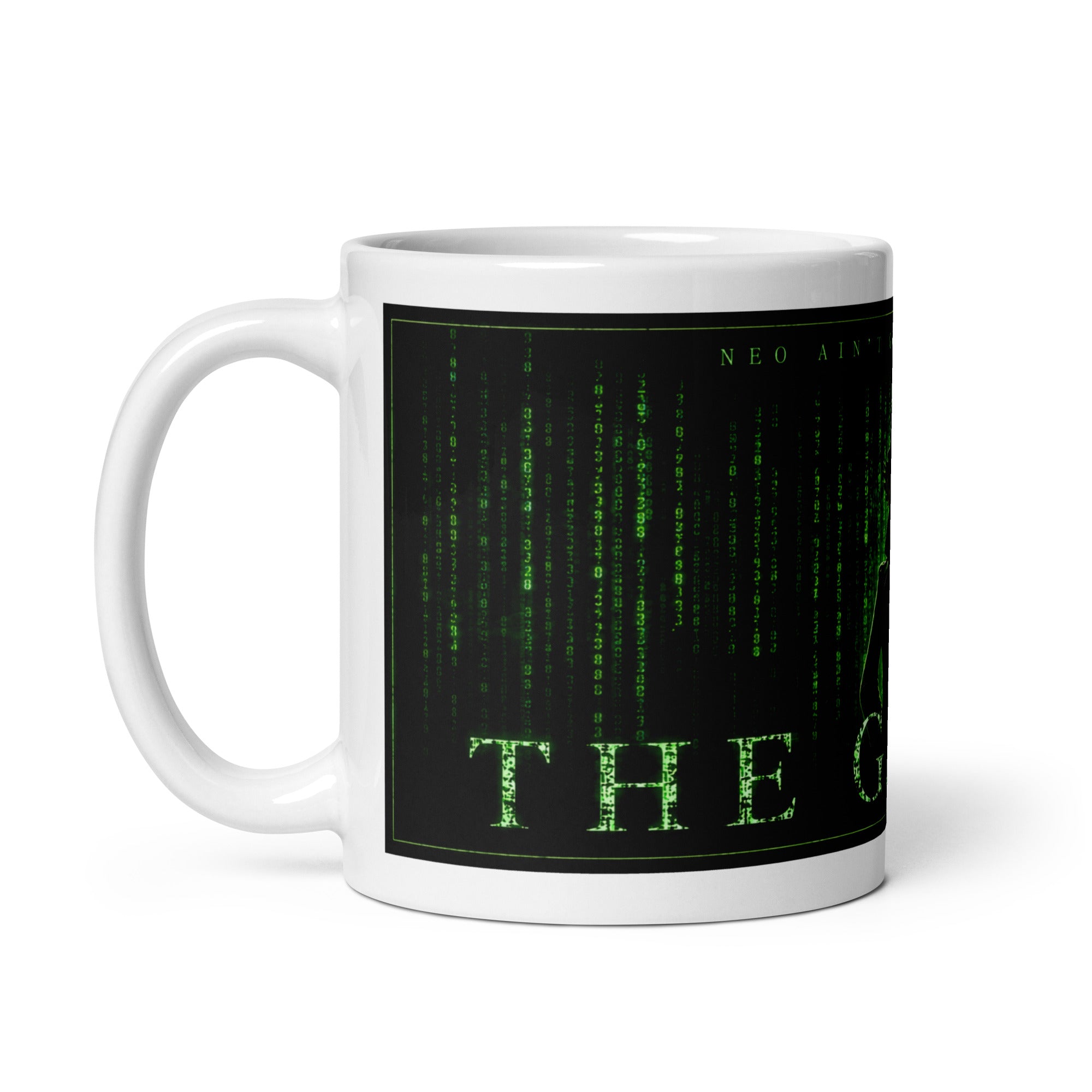 White mug with green text design on a white background