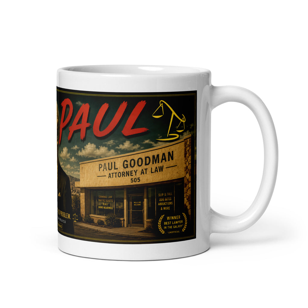 Mug with a graphic design of a building and text on a white background