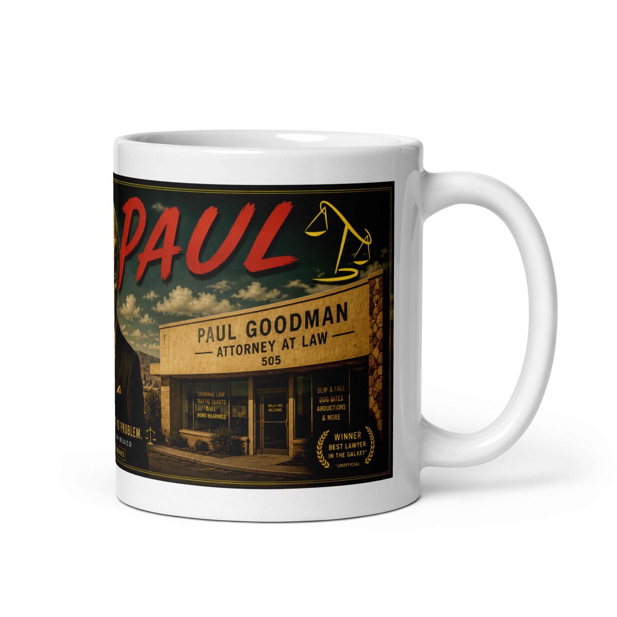 Mug with a graphic design of a building and text on a white background