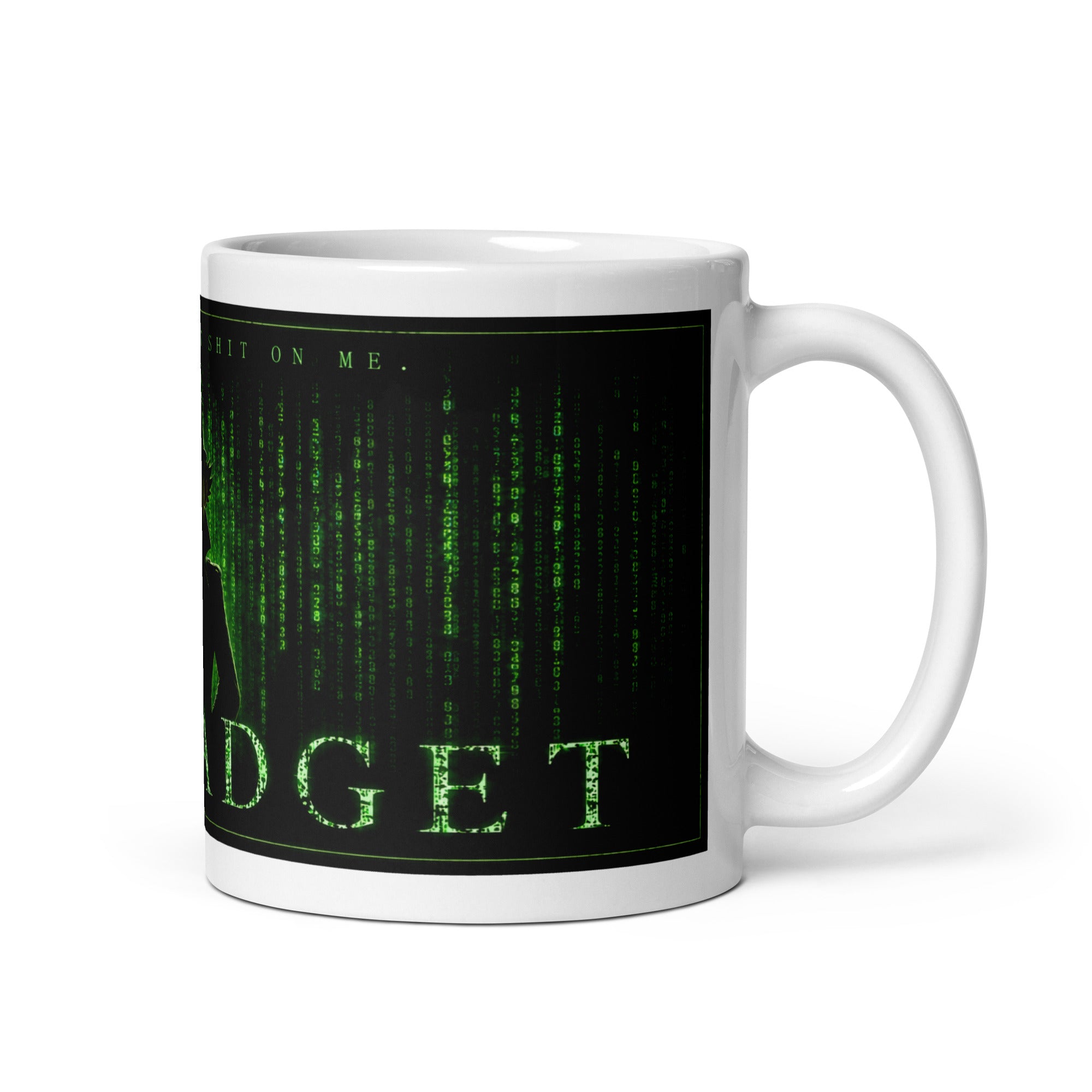 White mug with black geometric pattern on a white background