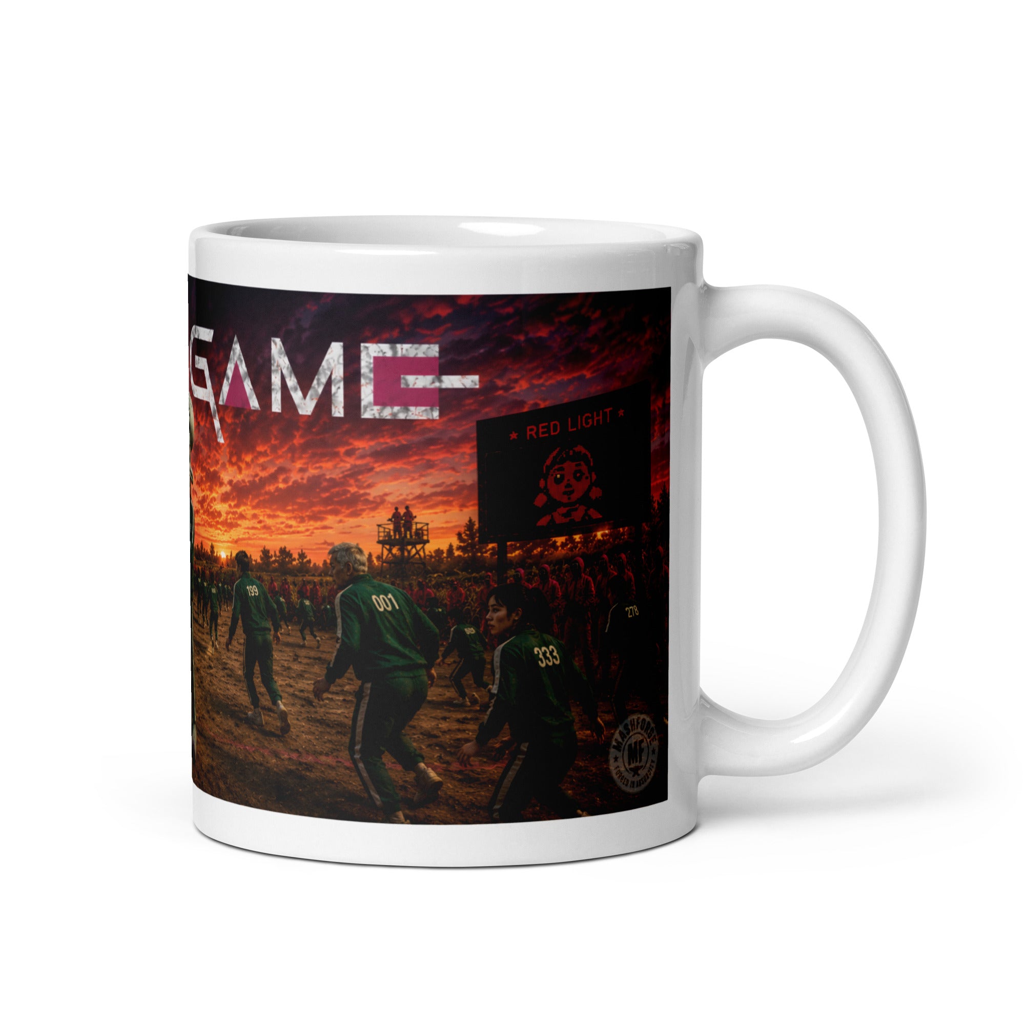 Mug with a graphic design of people playing a game at sunset, featuring the word 'GAME'.