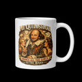 White mug with a graphic of William Shakespeare and text on a white background