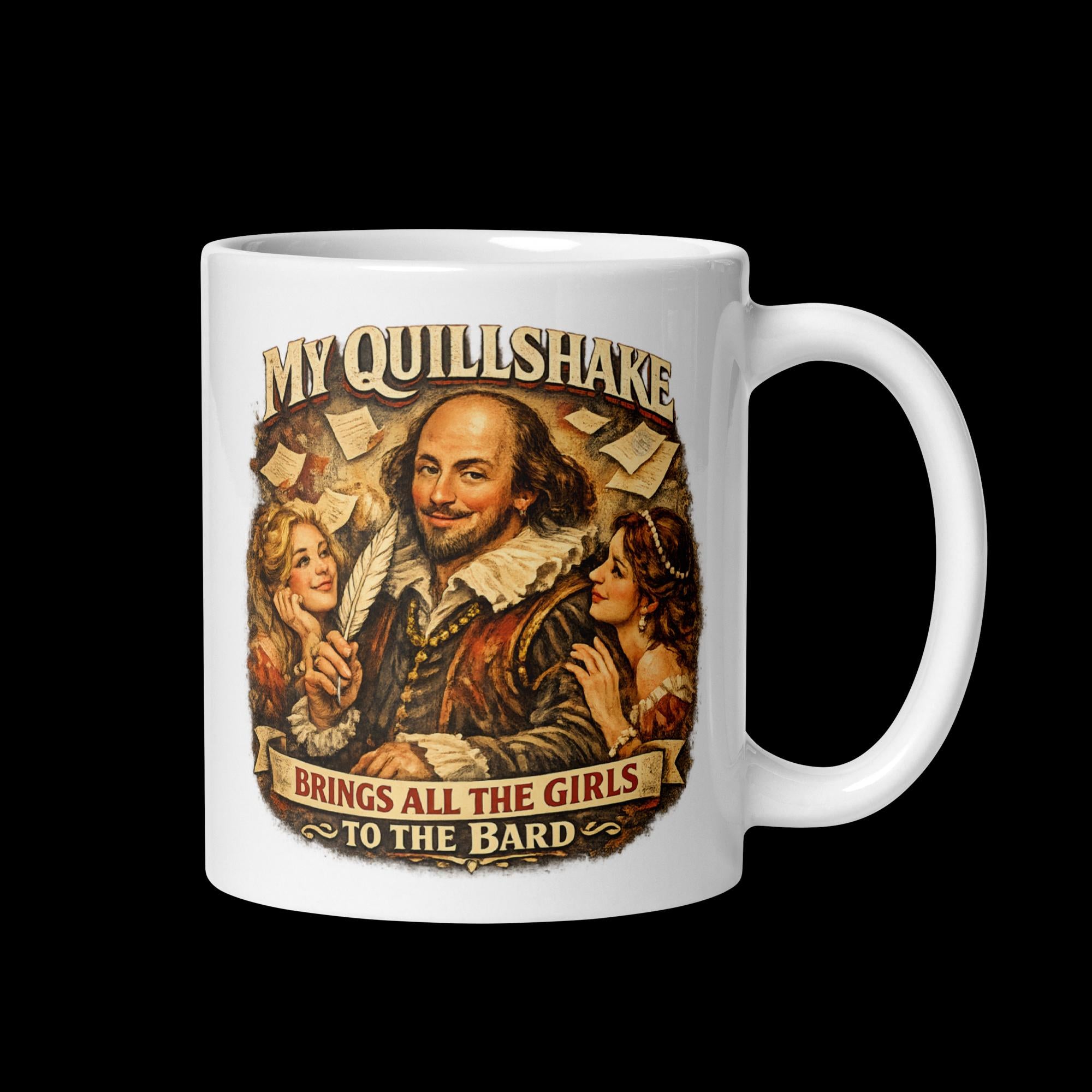 White mug with a graphic of William Shakespeare and text on a white background